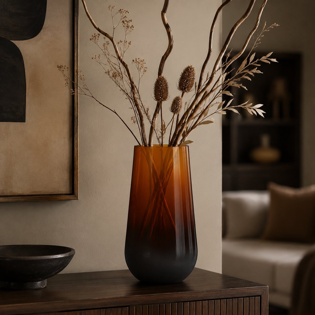 Fameilleur Grote Mondgeblazen Glazen Vaas Amber Bruin 35 cm – Luxe Zware Bloemenvaas Ø 19 cm – Handgevormde Designvaas voor Grote Boeketten, Droogbloemen, Takken, Pampasgras, Woonkamer, Eettafel, Vensterbank en Interieurdecoratie