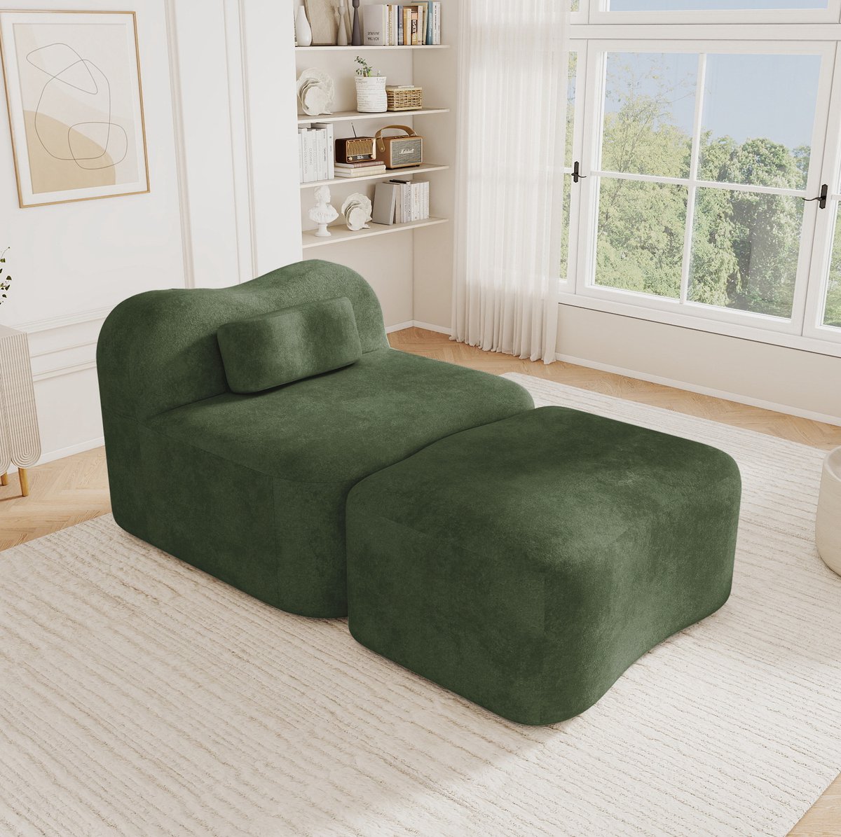 FloraGrace Zitbank – 1-Zits Modulaire Bank met Ottoman – Frameloos Wellenontwerp en Zachte 32D-Schuimvulling – Voor Woonkamer en Appartement – Velvet – Groen