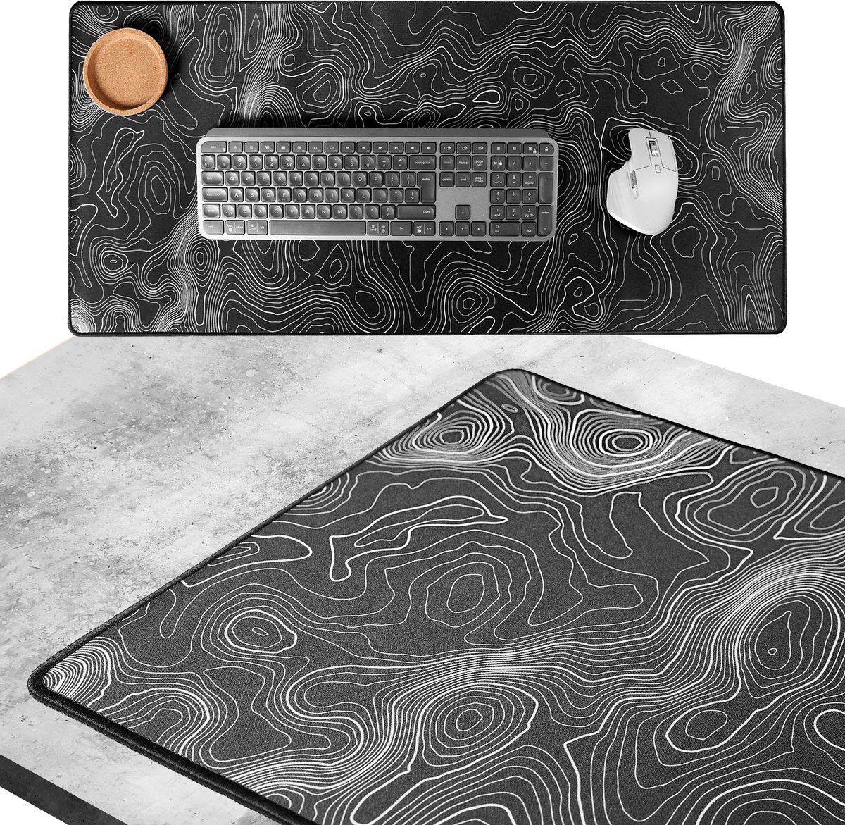 Bol.com What's Goods - XXL Grote Muismat - 90x40 cm - Topografisch - 4 mm - Zwart aanbieding