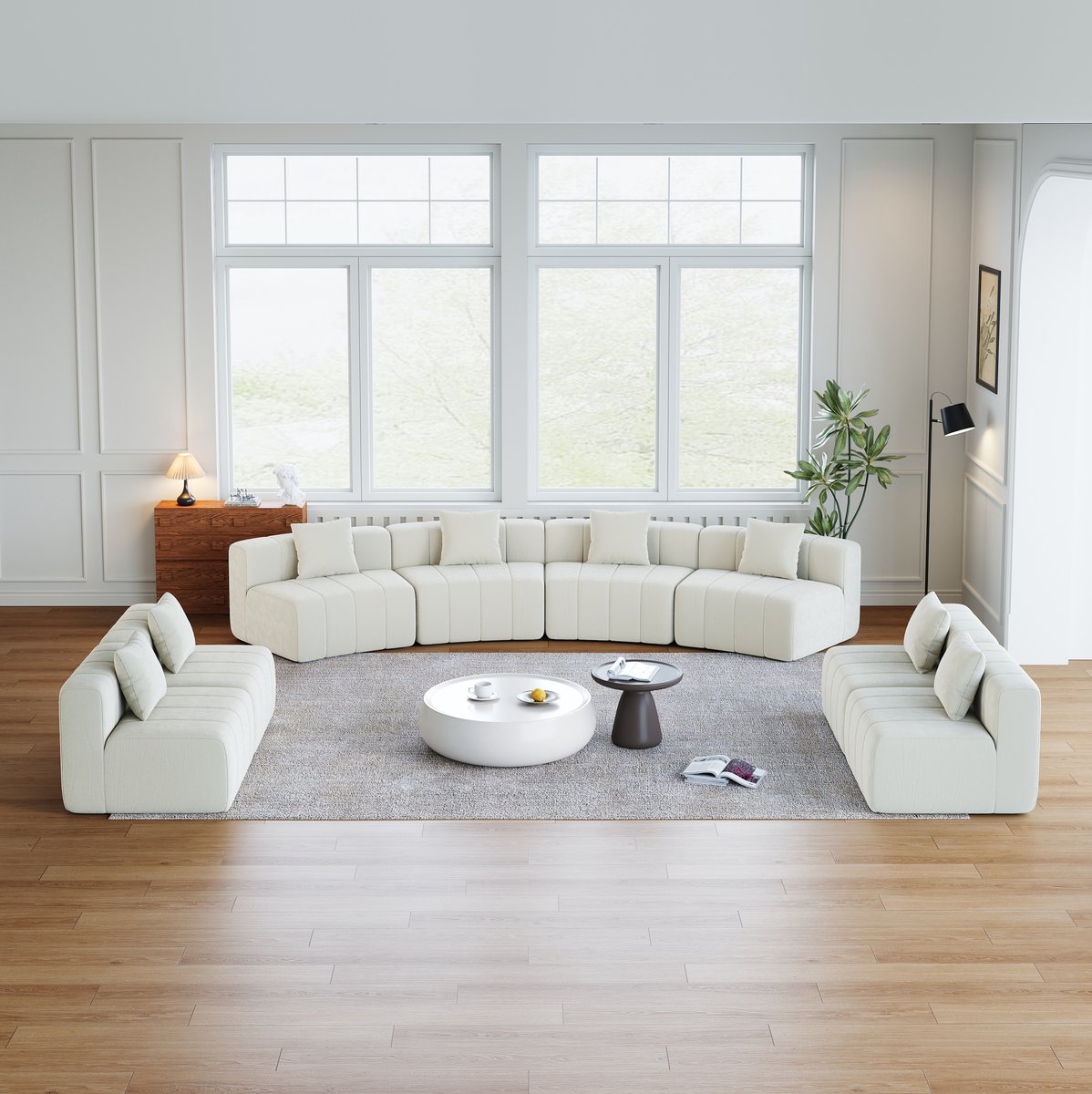 FloraGrace Bankonderdeel Sofamodule 388 x 83,8 x 73,6 cm - Gebogen Halfrond Modulair Design Met 2 Kussens - Chenille - Beige