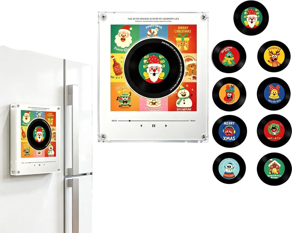 KZQ Magnetische Kerst Muziekdoos - Met 9 NFC Vinylplaten - USB-C Oplaadbaar - Zonder Telefoon - Programmeerbaar - Voor Koelkast & Decoratie - Wit