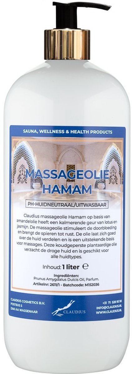 Massageolie Hamam 1 liter met gouden pomp - 100% natuurlijk - biologisch en koud geperst