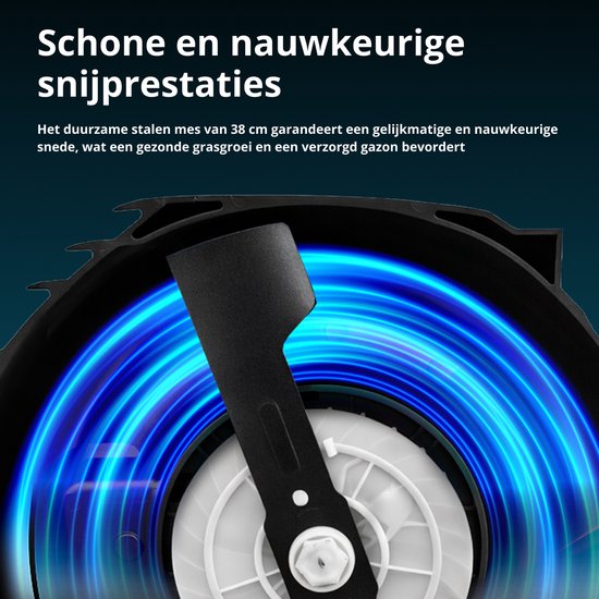 Close-up van het maaimechanisme van de grasmaaier met draaiende blauwe lichteffecten. Scherp mes.