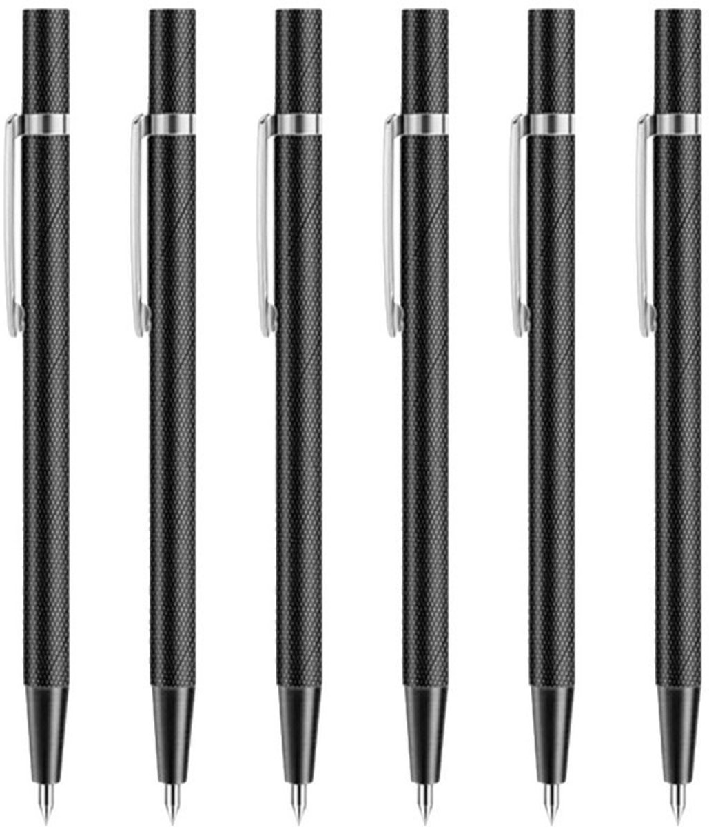 Een verpakking met 6 wolfraamcarbide markeerstiften; de punten zijn geschikt voor glas, keramiek en gehard staal,zwart