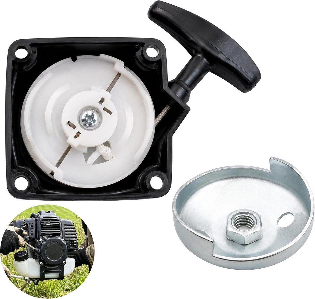 Trekstarter - Repeteerstarter - Handstarter - Set met M8 Starterkom - Slijtvast Trekmechanisme - Geschikt voor Bosmaaier, Grastrimmer, Grasmaaier & Tuinmachines - Gatafstand 67 mm - Zwart & Zilver