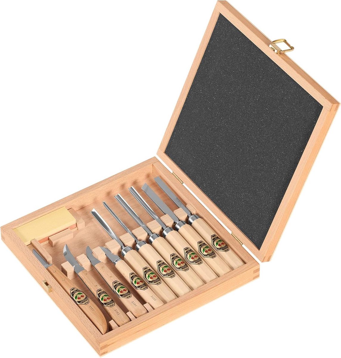Houtsnijset 11-delig - Carving gereedschap - Houtbewerking hobby - Inclusief houten kist - 10x3x15 cm - Veelkleurig