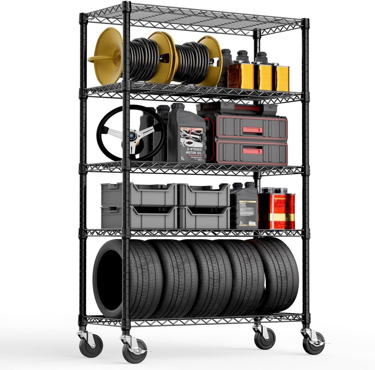 Inklapbare stellingkast - Zwart - 5-laags 45×120×192 cm - Metalen verrijdbaar opbergrek voor garage en werkplaats