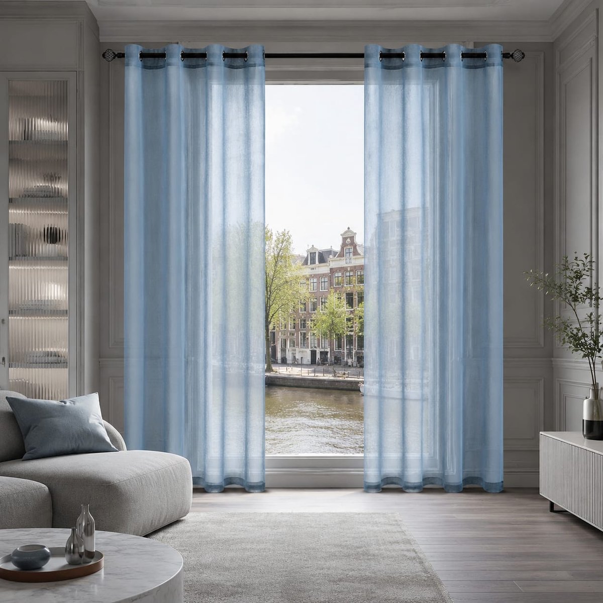 Lano&Go Vitrage met ringen 140x185 cm, 2 stuks, lichtblauw, transparant