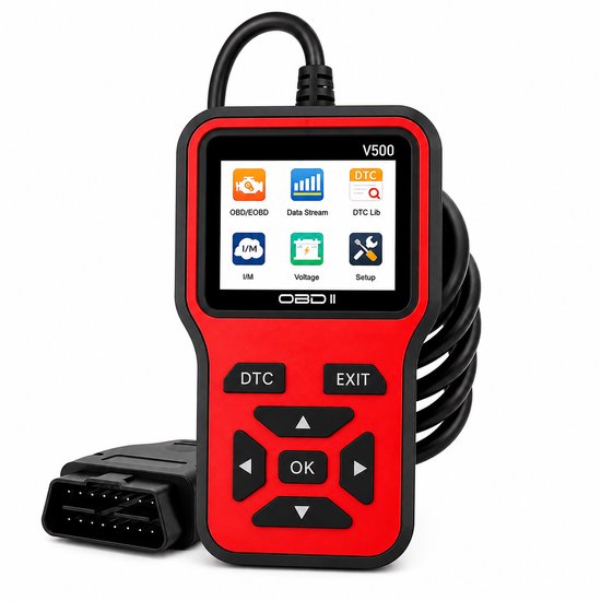 Rood V500 OBD II diagnoseapparaat met een kleurenscherm en navigatieknoppen, verbonden met een diagnostische kabel.