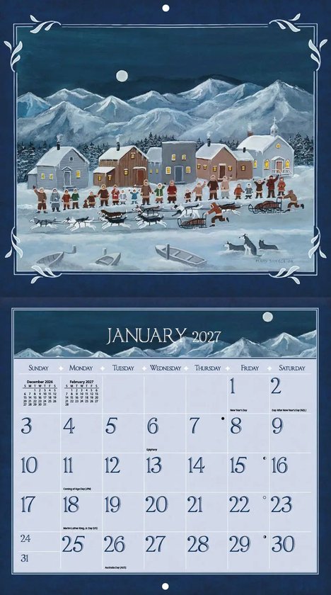 Januari 2027 kalender met schilderij van besneeuwd dorp met mensen en honden in de sneeuw.