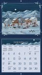 Januari 2027 kalender met schilderij van besneeuwd dorp met mensen en honden in de sneeuw.