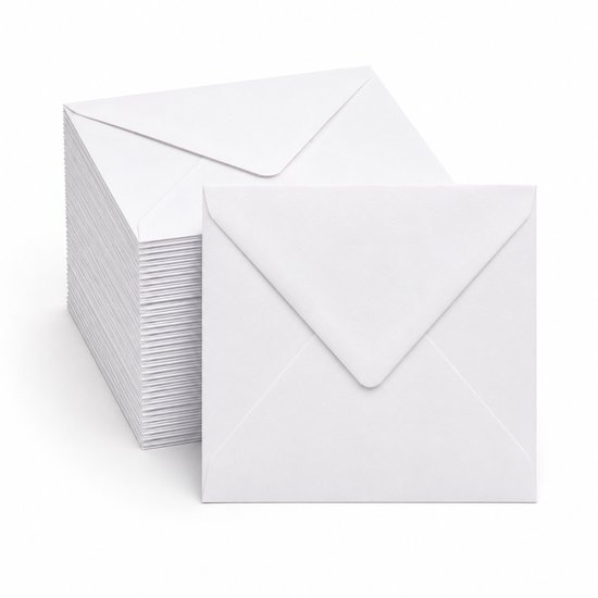 Stapel witte, vierkante enveloppen van 14x14cm.