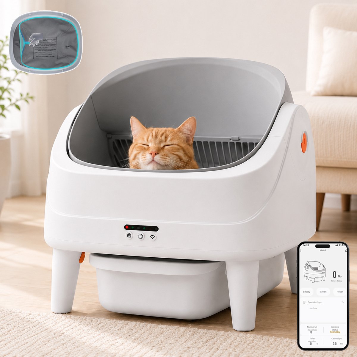 Rosnek Automatische Kattenbak – Zelfreinigend Kattentoilet met Tuya App – Geurcontrole en 8 Veiligheidsfuncties – Voor Katten 1,5-20 kg – Slimme Kattenbak voor Meerdere Katten – Wit