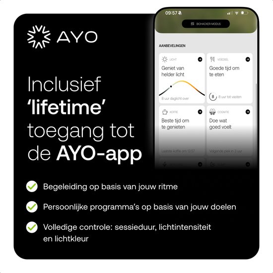 AYO app met aanbevelingen voor licht, voeding, koffie en cognitie.