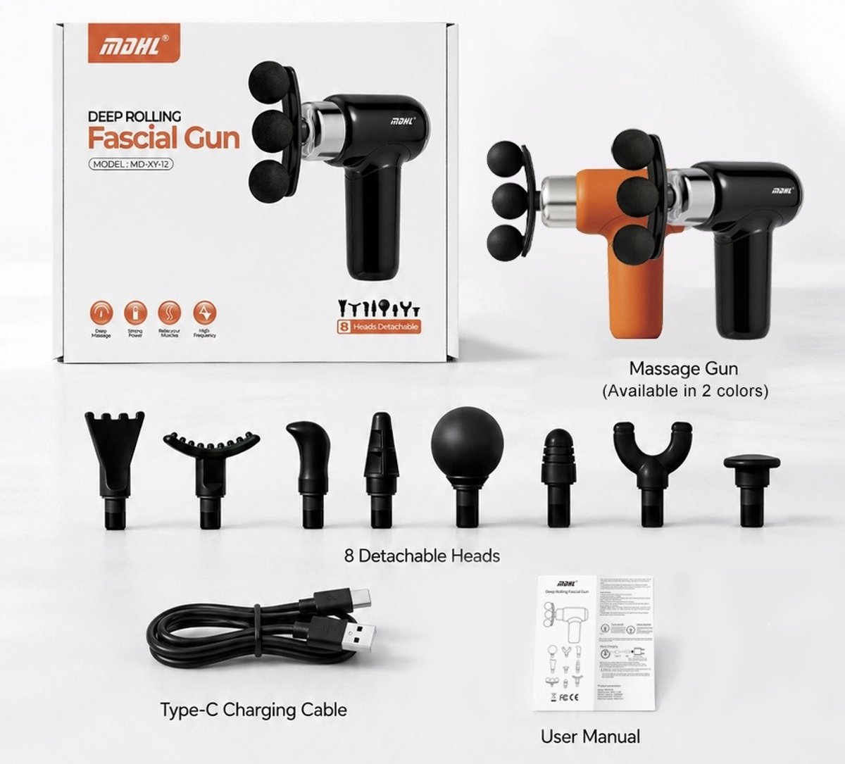 MDHL Massage Gun - Fascial Gun - Massage Gun mini - Incl. 9 opzetstukken - Massage Apparaat - Spier massage - Spierherstel en Relax massage - Draadloos - Oranje/Zwart