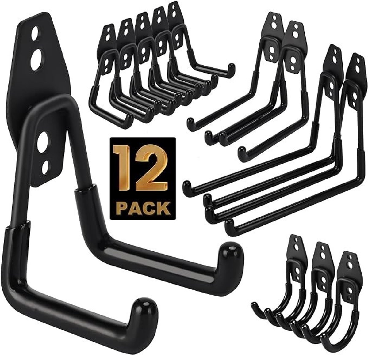 PolkaHome Wandhaken voor garage, 12 stuks, zware belasting, 4 maten, dubbele haken, tuingereedschap, sportuitrusting, ladder, garageorganisatie (zwart)