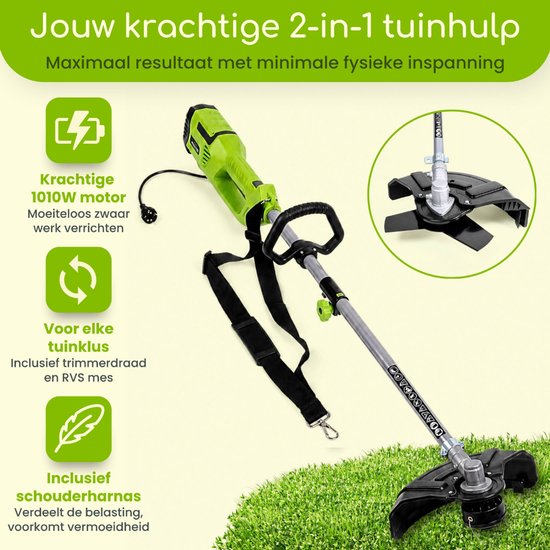 MOWZA® Elektrische Bosmaaier - 2 in 1 Grastrimmer & Kantenmaaier - Tuingereedschap - 1010 W - Incl. Schouderband - Groen — afbeelding 3