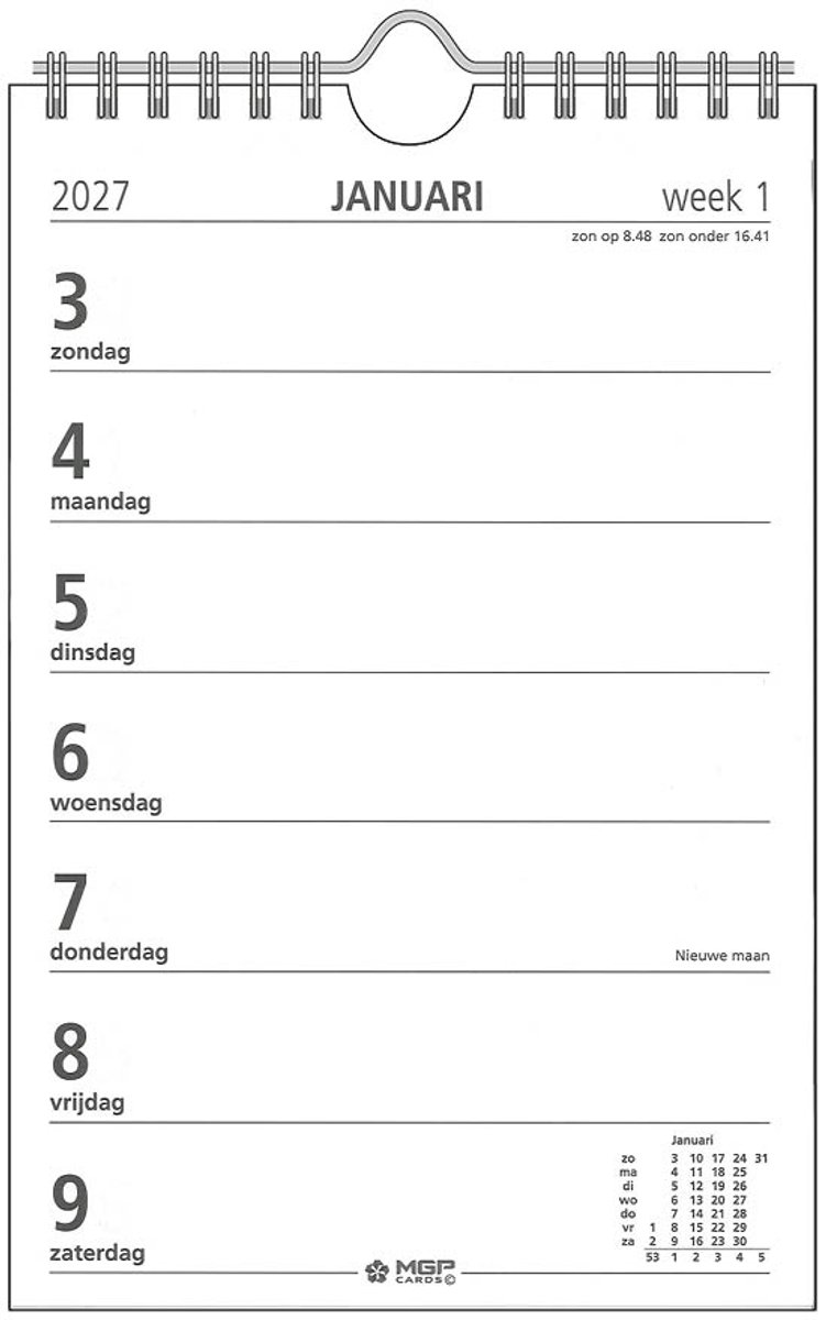 MGPcards - Weekblok met Wire-O binding 2027 - Week begint op zondag - Formaat: 13,5 x 20,5 cm