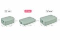 Drie Mepal broodtrommels in de kleur sage: midi, flat en large, met afmetingen.