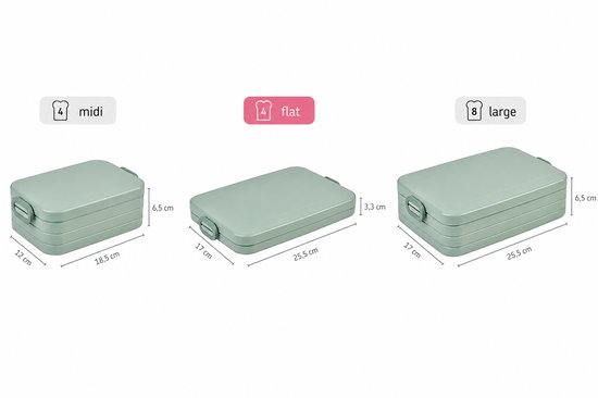 Drie Mepal broodtrommels in de kleur sage: midi, flat en large, met afmetingen.