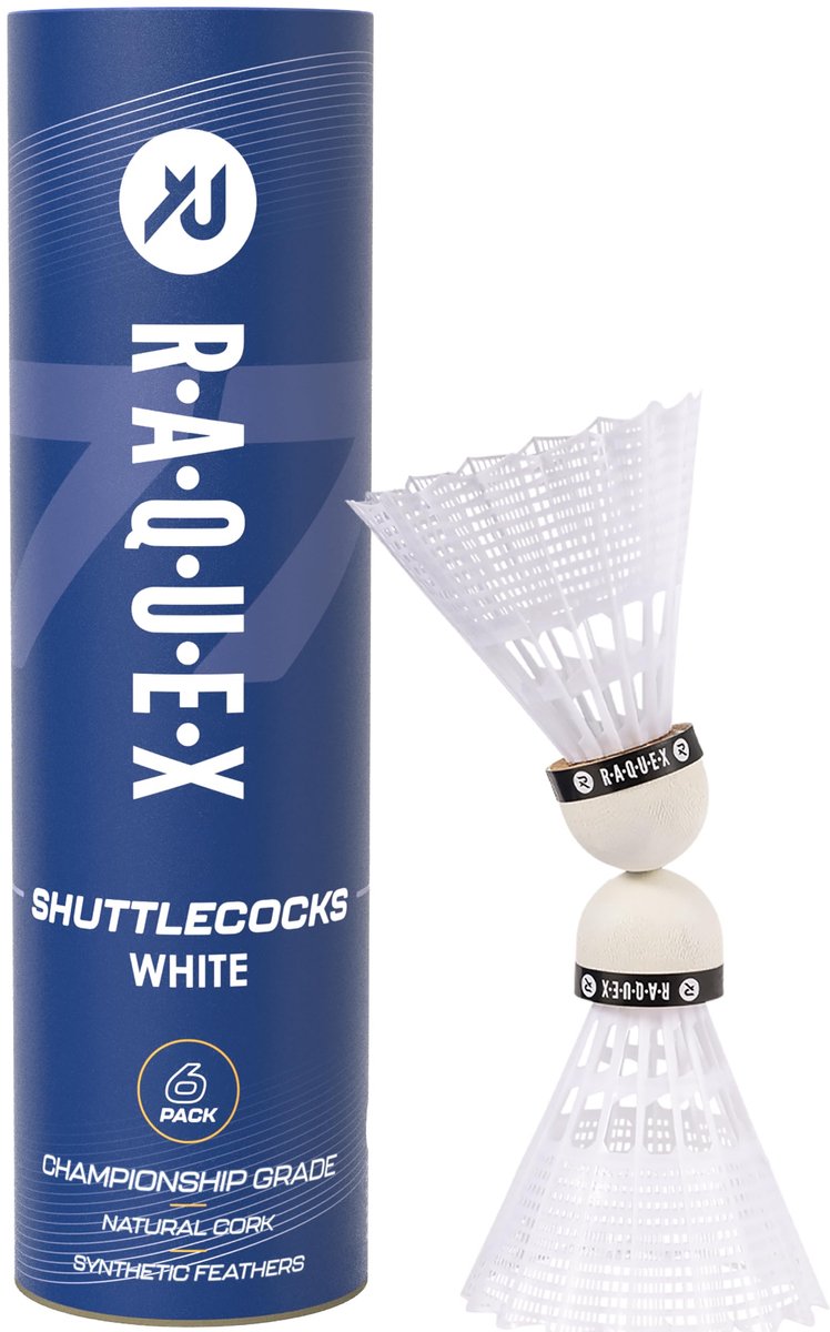 Raquex badmintonshuttles met nylon veren in een koker met 6 witte of gele, natuurlijke en duurzame kurken shuttles. - ShopVlot