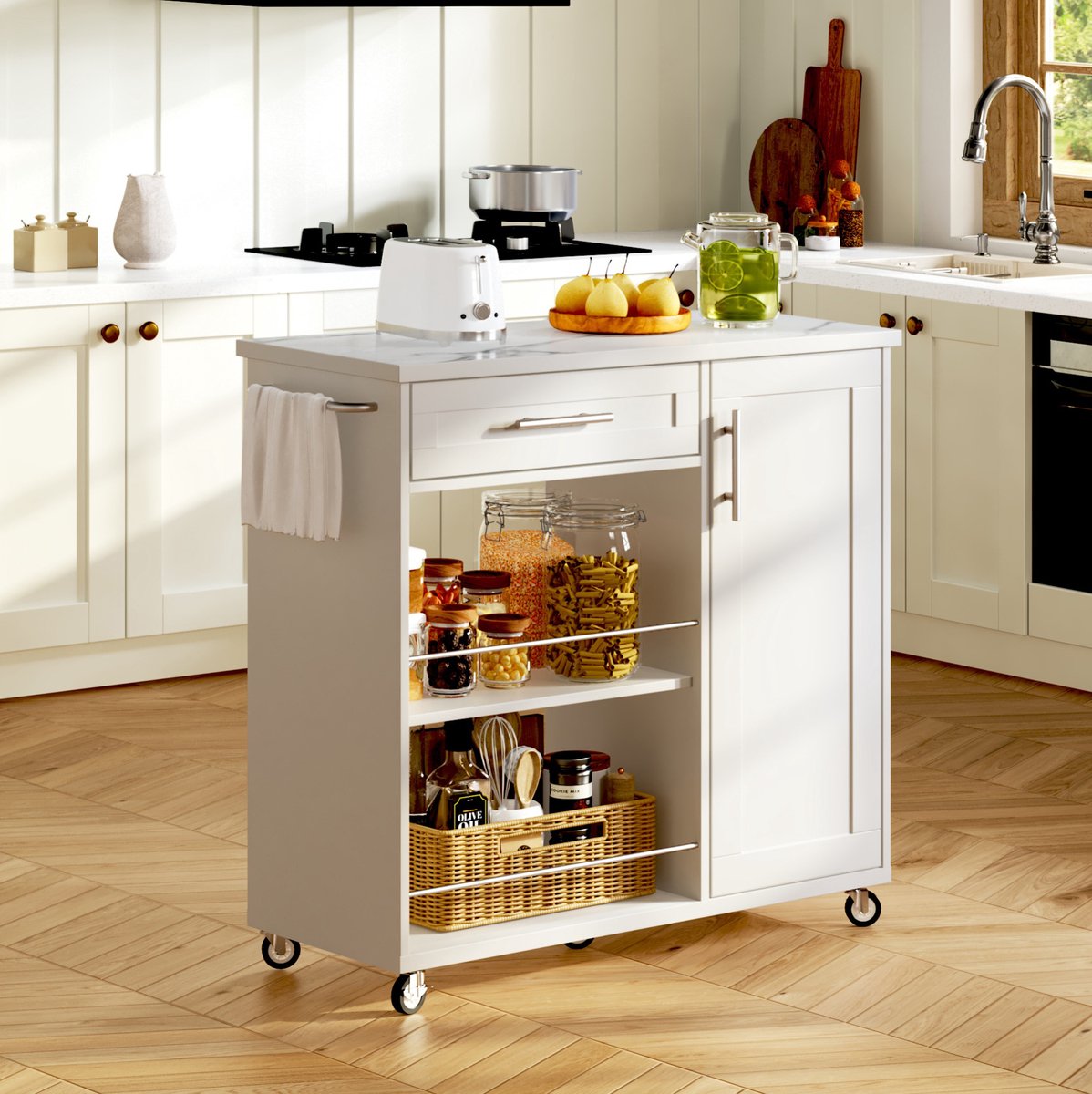 MODFU - Keukenwagen - Marmorlook - Lade - Zwenkwielen - MDF - Wit