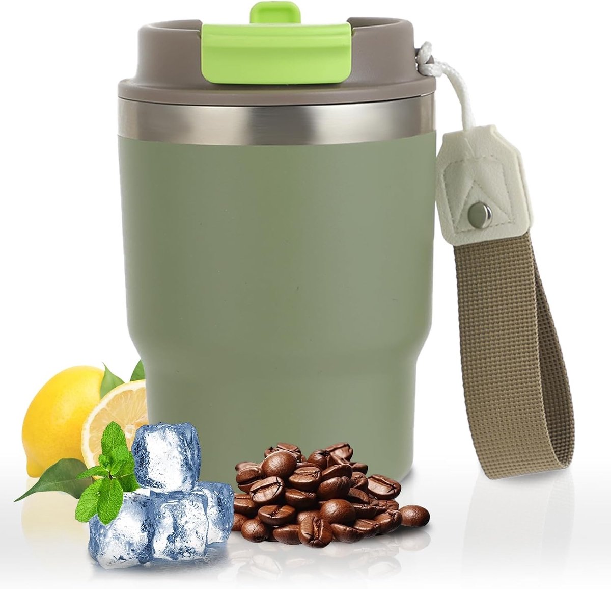 Thermosfles - Groen - 350 ml - Roestvrijstalen Reisbeker met Dubbel Gebruikdeksel - Voor Koffie en Thee