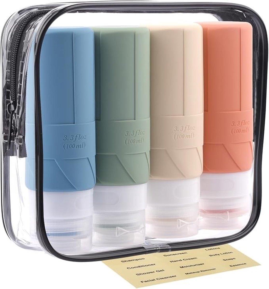 PolkaHome Siliconen Reisflessen 4 Stuks 100ml - TSA Goedgekeurd, Lekvrij & Herbruikbaar voor Shampoo, Lotion en Douchegel