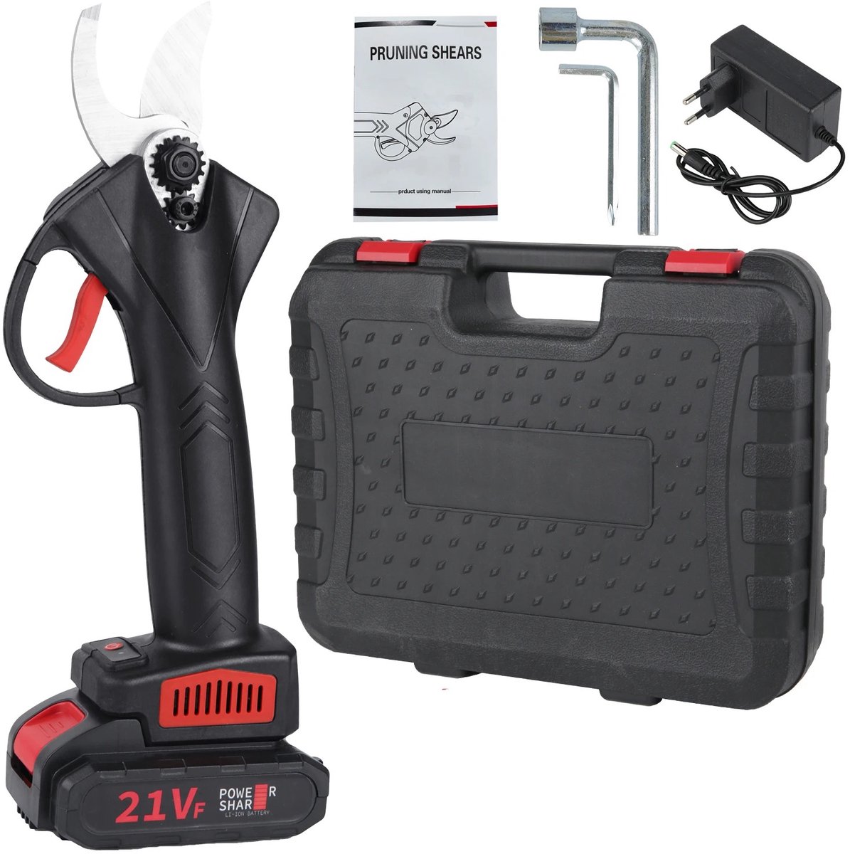 Cherrys Finds - Snoeischaar - Elektrische Snoeischaar Accu - Takkenschaar - Elektrische Snoeischaar Draadloos - 21V - Lichtgewicht - Antisliphandvat - Snel Snijdende Tuinschaar - Met Accu - Zwart en Rood