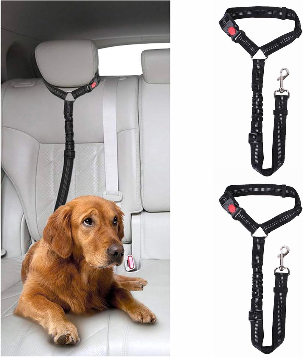 2 stuks autogordels voor honden - verstelbaar autokussen voor huisdieren, gewatteerde hondenriem, nylon duurzame elastische riem, veiligheidsriem voor hondenauto (zwart)