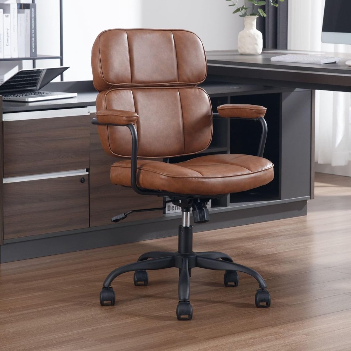 Chairus Thuisbureaustoel, ergonomische draaibare bureaustoel van PU-leer, in hoogte verstelbaar, computerstoel voor studeerkamer (bruin)