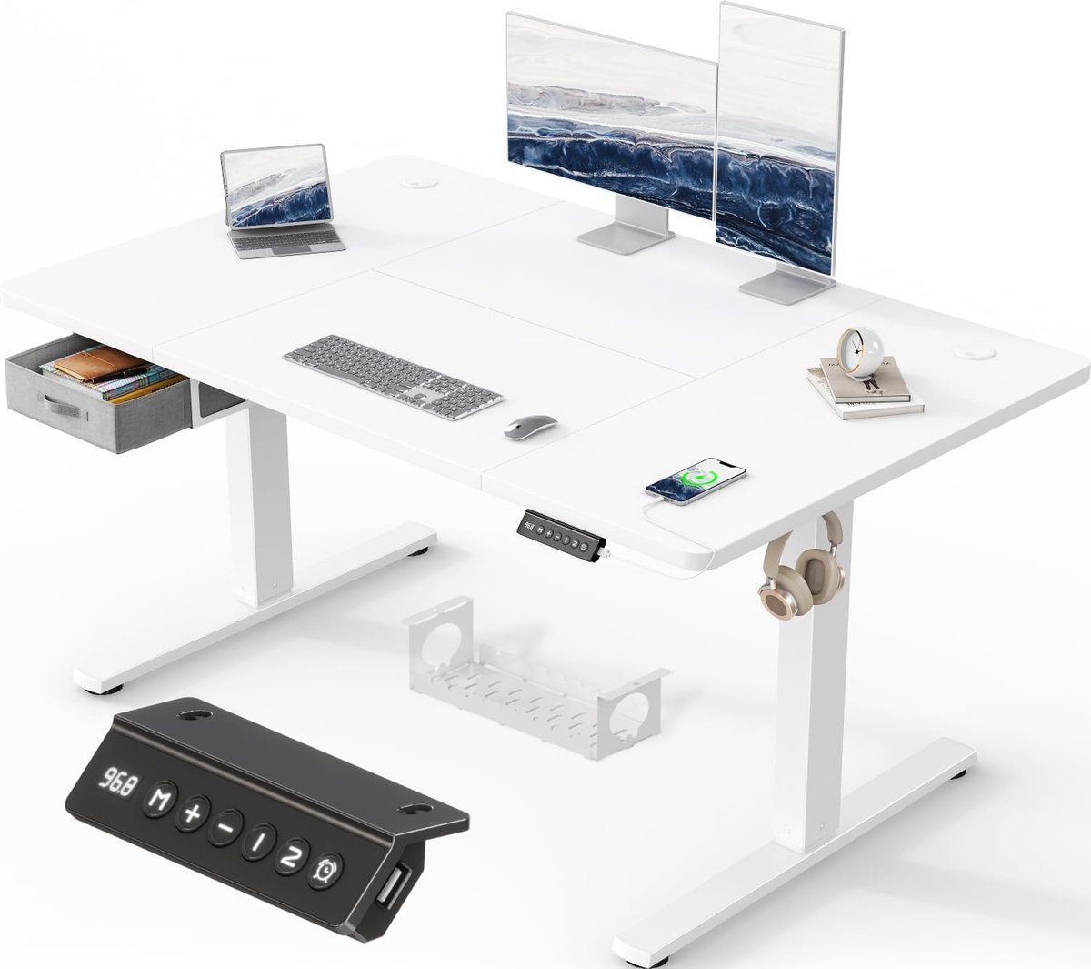 Devoko In Hoogte Verstelbaar Bureau Elektrisch, Bureau met Lades, USB-A Oplaadpoort, Staand Bureau met Kabel Management Bakje, Computer Bureau met 3 Geheugenfuncties (Wit, 140 x 80 cm)