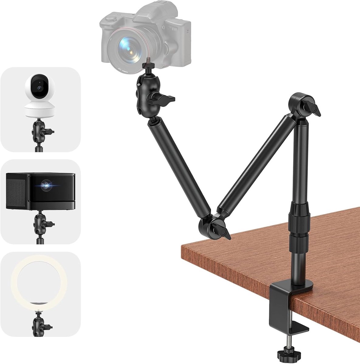 Bureauhouder voor camera, robuust, camerastatief met 1/4 inch schroeven, 360 graden draaibare tafelpoten met verstelbare arm voor DSLR, ringlicht, projector, maximale belasting 3 kg