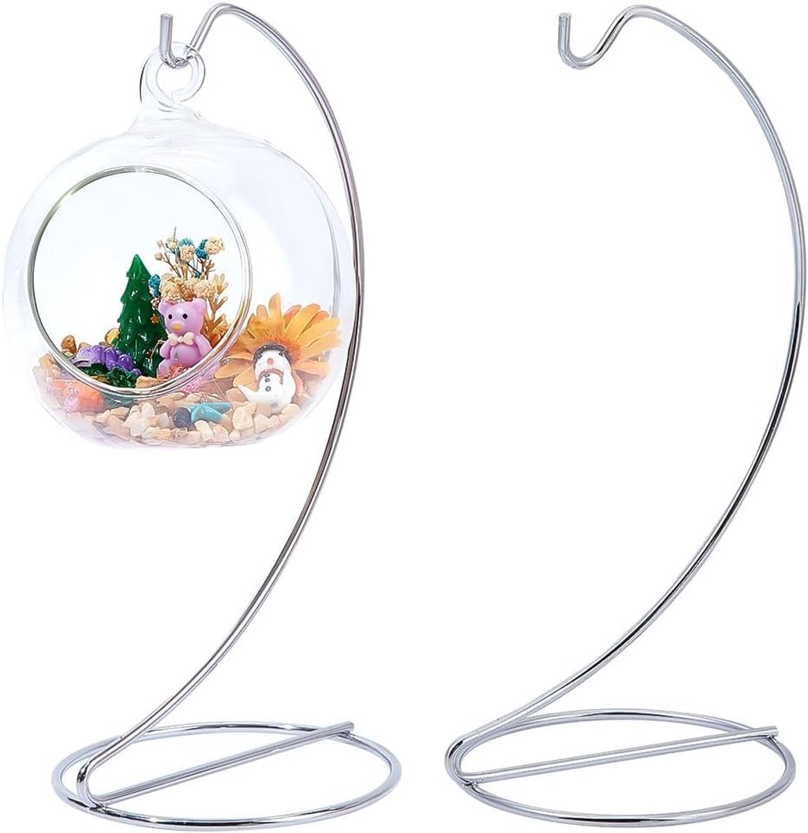 2 stuks, glazen bal, zilveren kerstbalhouder, metaal, ijzerdraad, standaard, hangend ornament, display, standaard om op te hangen, kristallen bal, luchtplanten, bruiloft