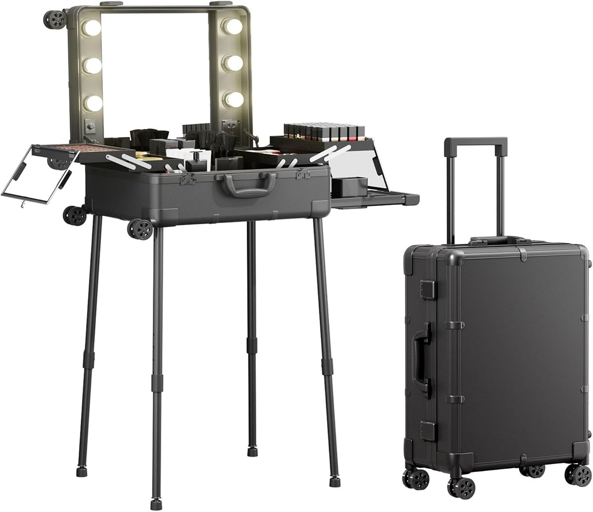 Make-upkoffer met wielen van aluminium, grote spiegel met 6 lampen, organisatie van cosmetica met codeslot, opvouwbare make-upkoffer voor reizen en professionele studio