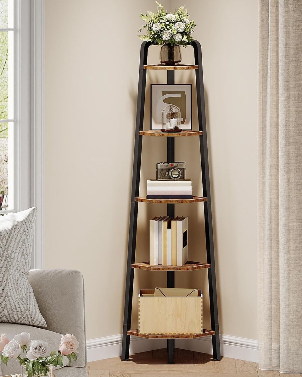 Vijflaags Hoekplank voor Boeken en Decoratie, Metalen Frame, Ideaal voor Woonkamer, Studie en Keuken, Rustiek Bruin en Zwart