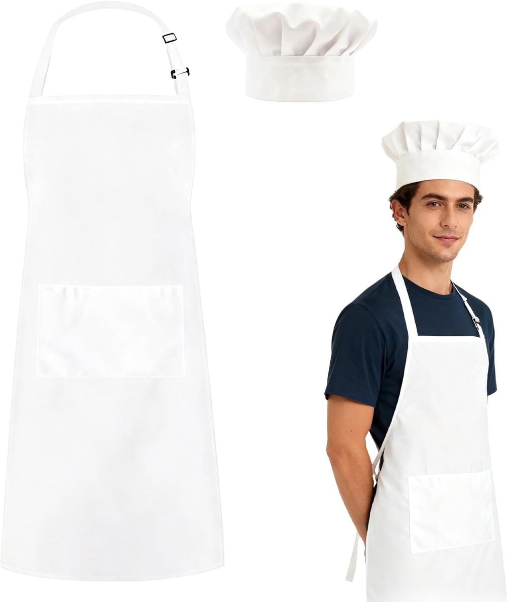 Verstelbaar slabschort met zak en witte koksmuts, ademend kookschort voor mannen en vrouwen, ideaal voor keuken, restaurant en BBQ