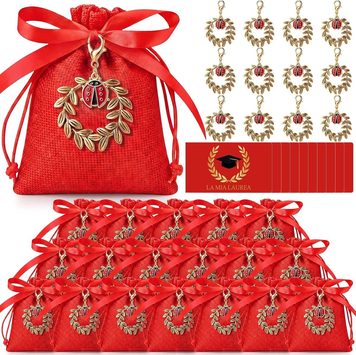 36 Stuks Afstudeercadeautjes met Kaartjes, DIY Lauwerkranshangers, Lieveheersbeestje en Klavertje Vier met Rood Lint voor Feestelijke Gelegenheden