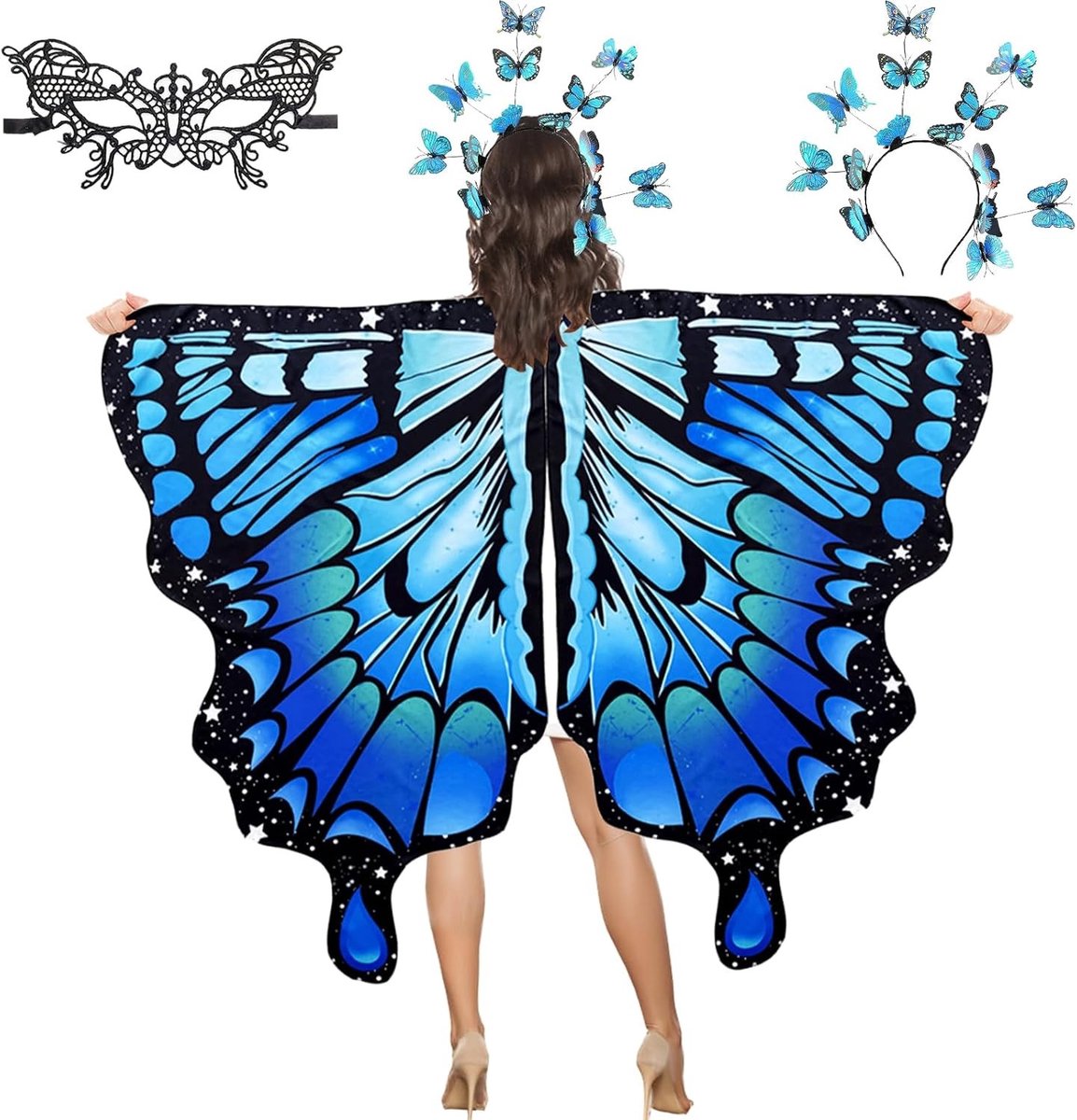 3-delig Vlinder Kostuum voor Dames, Feestelijke Fairy Wings met Vlinder Hoofdband en Cape voor Carnaval en Themafeesten