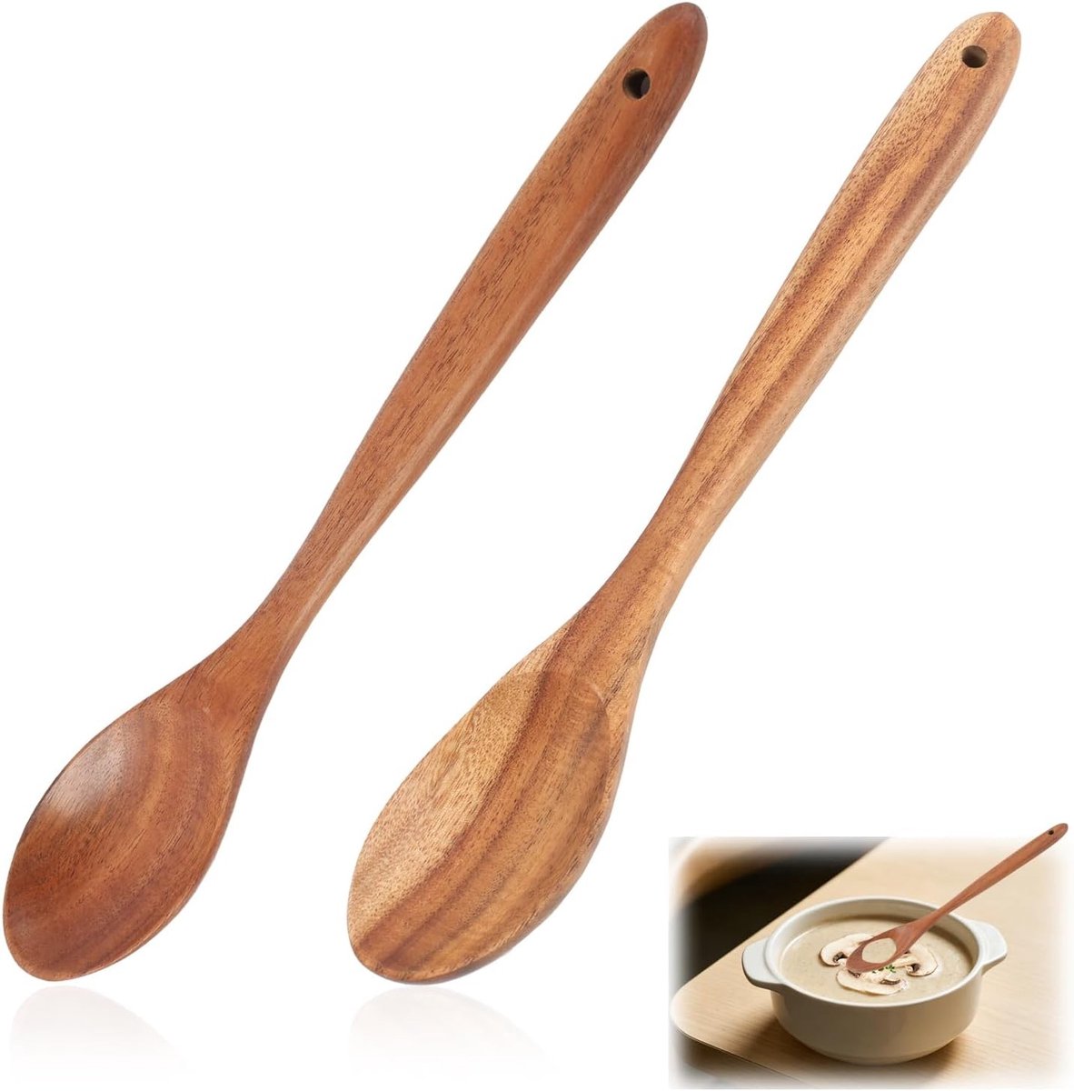 Set van 2 Houten Kooklepels van Acaciahout, Duurzaam en Krasbestendig, Ideaal voor Koken en Roosteren, Eco-vriendelijk Keukengerei van 30 cm