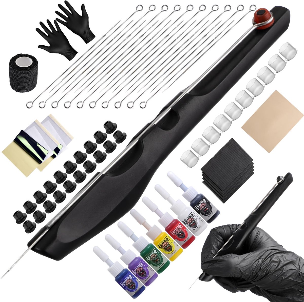 HAWINK Hand Poke en Stick Tattoo Set DIY Pen Tool met 7 Tattoo Kleuren 20 stuks Tattoo Naalden Accessoires voor - ShopVlot
