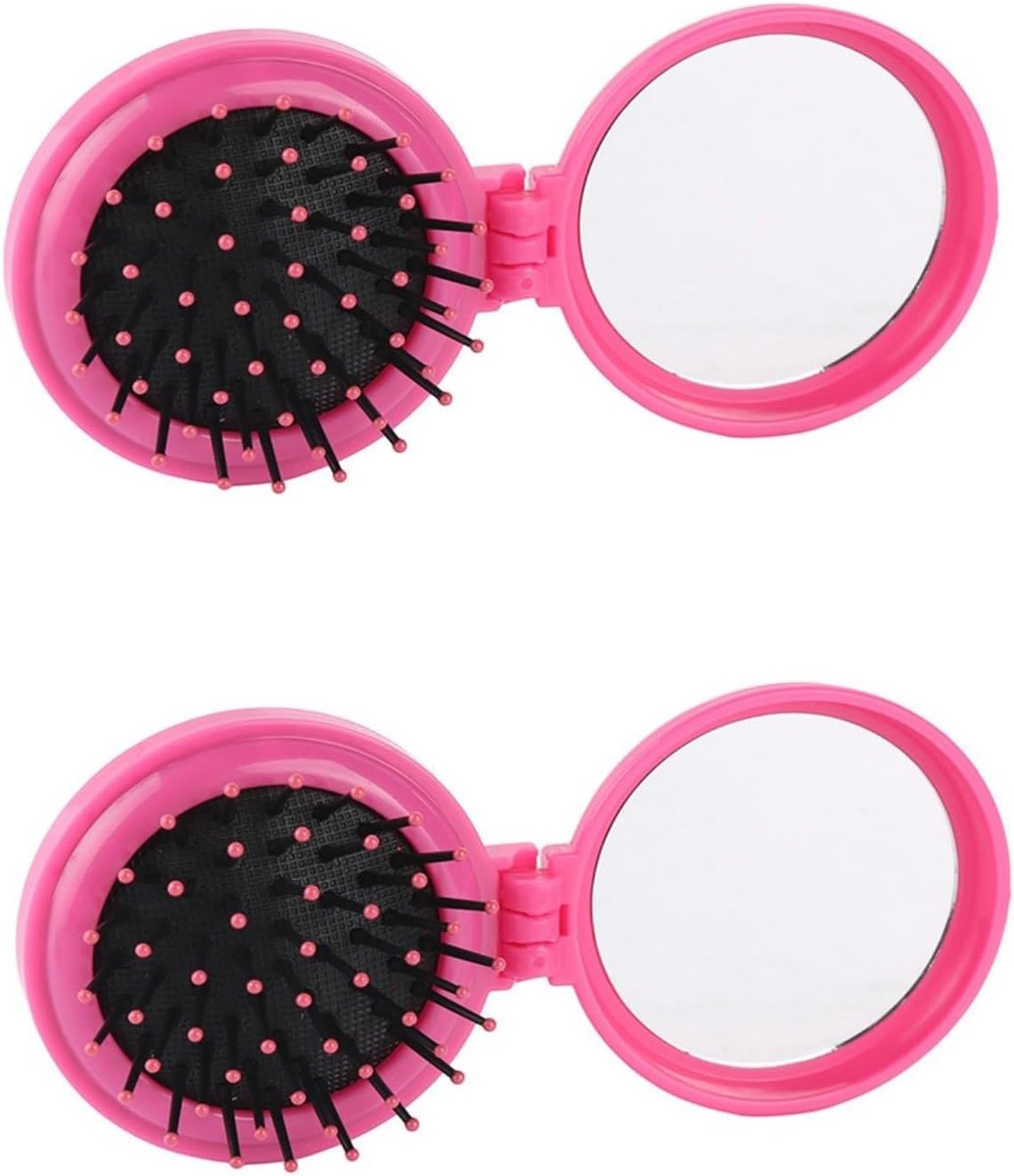 Vouwbare Reismirror Set met Massagekam, Mini Pocket Make-up Spiegel voor Reizen en Uitgaan, Roze