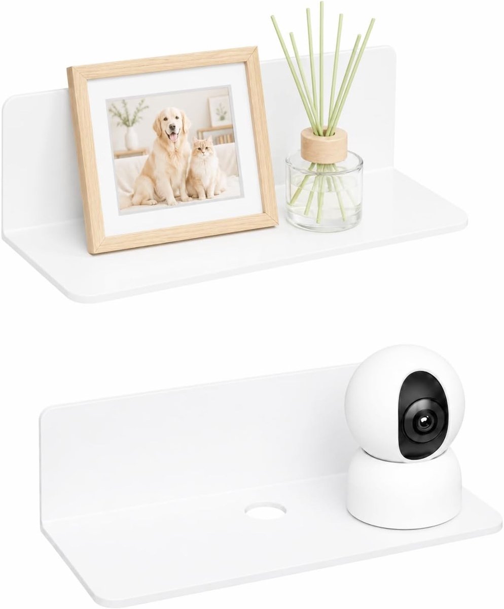 Wandplank zonder boren, witte mini wandplank met kabeldoorvoer, ideaal voor badkamer, keuken en slaapkamer, inclusief 8 dubbelzijdige plakfilms