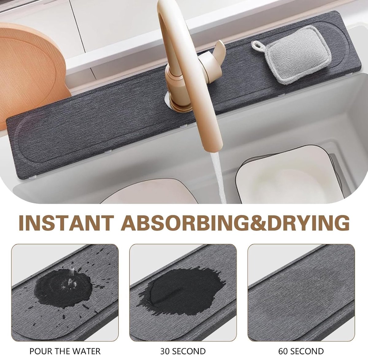 Sneldrogende Diatomiet Afvoer Mat voor de Keuken en Badkamer - Super Absorberende Splash Guard en Vochtbeschermer voor de Aanrecht (Grijs 2.5 * 10cm)