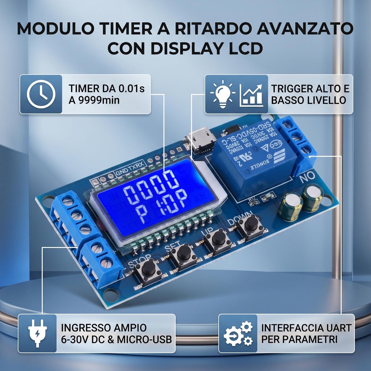 Pissente Timer Relais Module met LCD-scherm, 5V 12V 24V Tijdvertraging Schakelaar, 50mA Stroomsterkte, 0.01s-9999min - ShopVlot