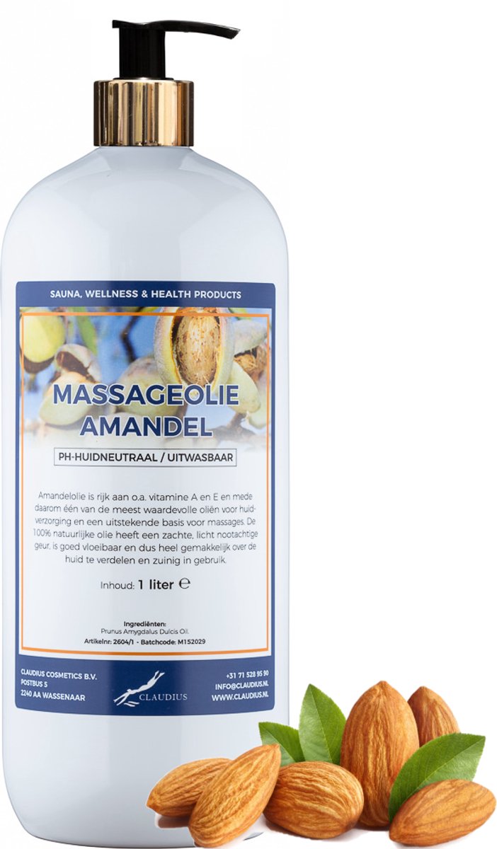 Massageolie Amandelolie 1 liter met gouden pomp - 100% natuurlijk - biologisch en koud geperst