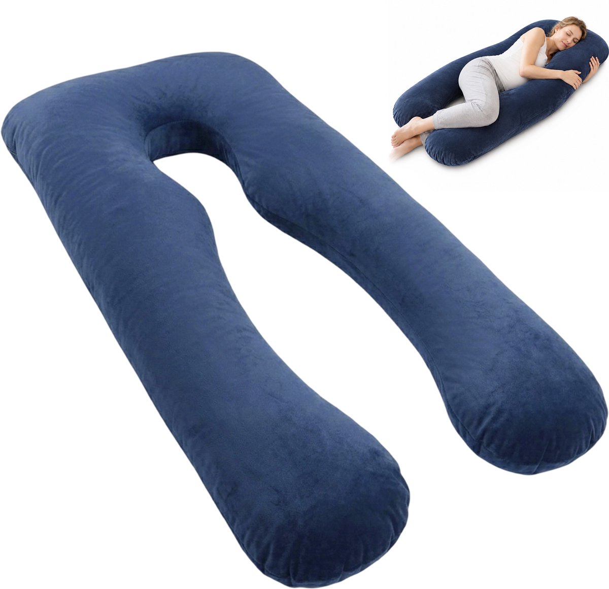 Wishdor Zwangerschapskussen - U-vormig lichaamskussen met afneembare hoes - Ondersteuning voor buik en rug - Voor zijslapen en borstvoeding - Fluweel - Blauw - L 140 x B 80 cm
