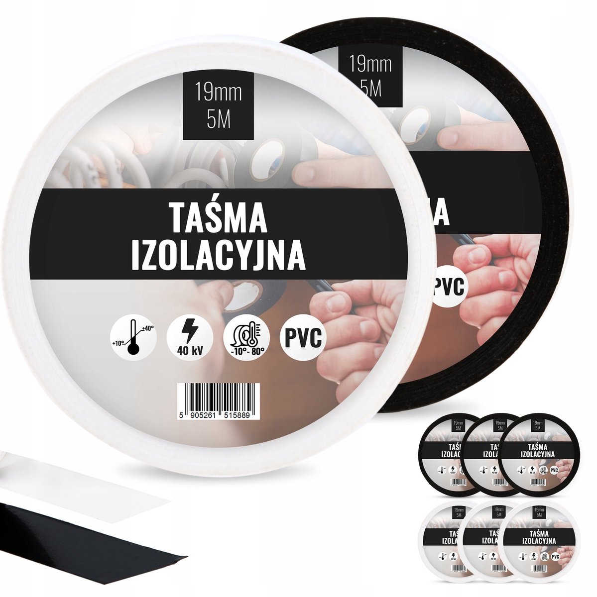 6x PVC Isolatietape 19mm Waterdicht 5m Wit/Zwart
