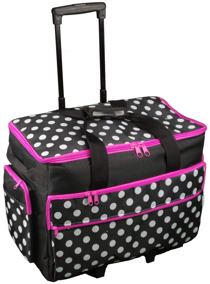 Sewing Online Large Sewing Machine Trolley Bag on Wheels, Black with White Spots & Pink Trim - 53 x 41 x 29cm - ShopVlot
