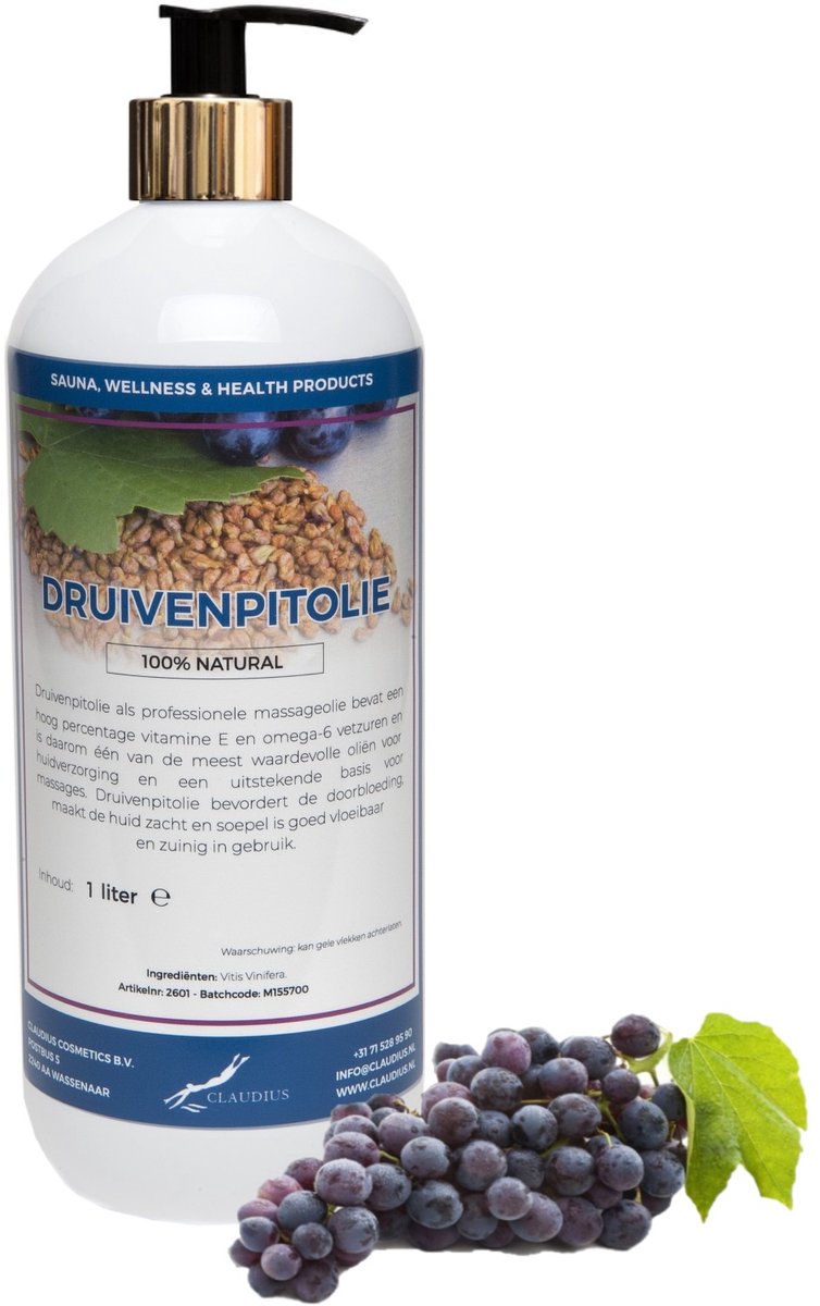 Druivenpitolie 1 liter met gouden pomp - 100% natuurlijk - biologisch en koud geperst - grapeseed oil